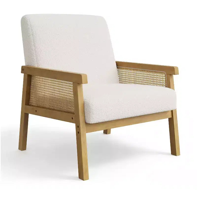 Fauteuil d'appoint moderne en rotin avec dossier haut et cadre en bois, fauteuil rembourré en bouclette ou en similicuir pour salon, chambre, réception, blanc ou marron