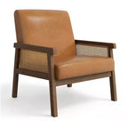 Fauteuil d'appoint moderne en rotin avec dossier haut et cadre en bois, fauteuil rembourré en bouclette ou en similicuir pour salon, chambre, réception, blanc ou marron