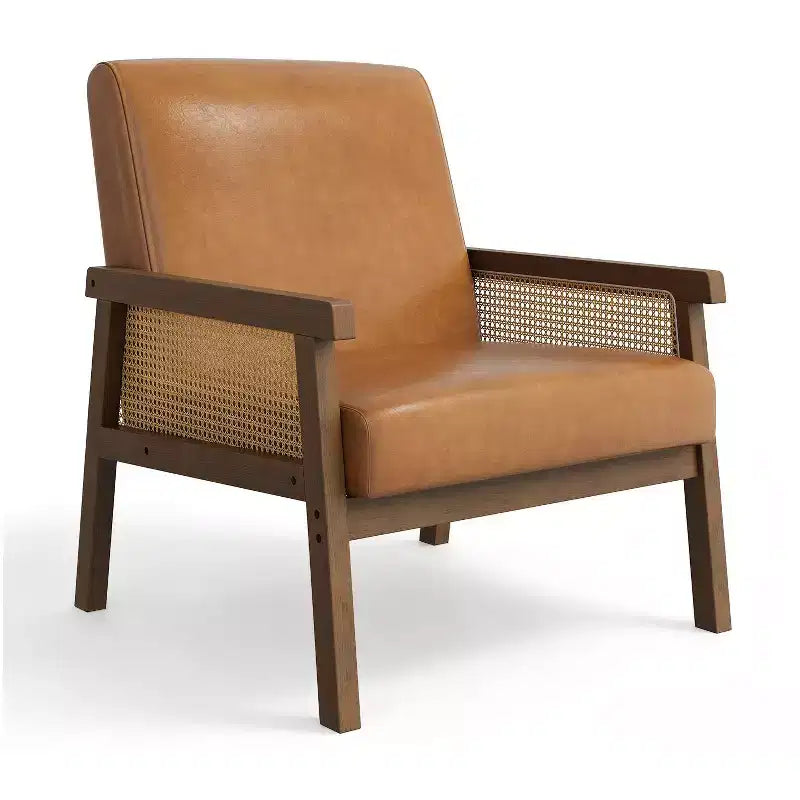 Fauteuil d'appoint moderne en rotin avec dossier haut et cadre en bois, fauteuil rembourré en bouclette ou en similicuir pour salon, chambre, réception, blanc ou marron