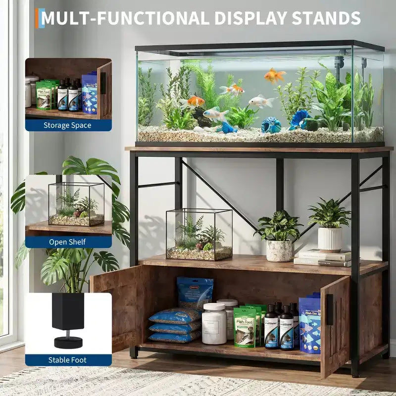 Meuble aquarium robuste pour bac de 40-50 gallons - Meuble de rangement en métal et bois, supporte 300 kg - Espace pour accessoires - Organisateur domestique élégant