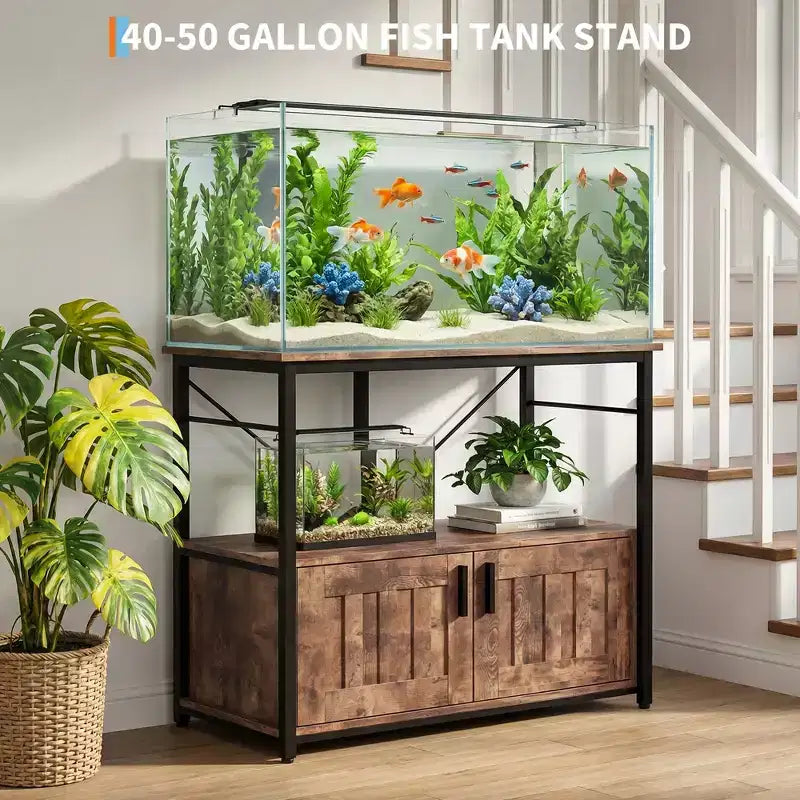 Meuble aquarium robuste pour bac de 40-50 gallons - Meuble de rangement en métal et bois, supporte 300 kg - Espace pour accessoires - Organisateur domestique élégant