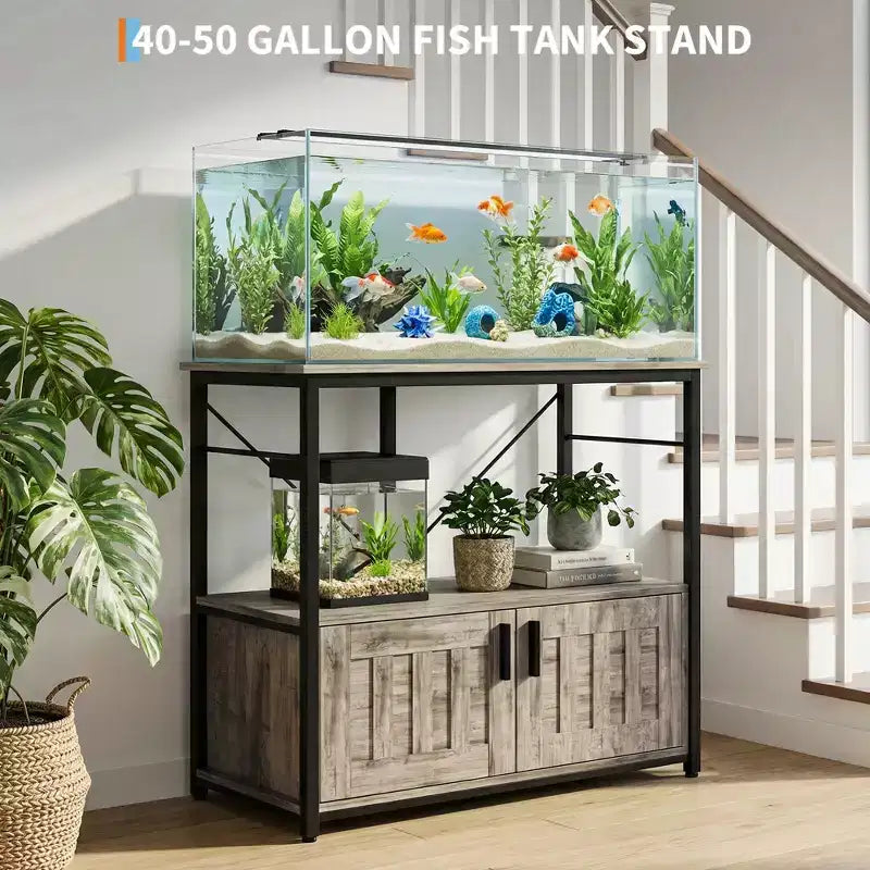 Meuble aquarium robuste pour bac de 40-50 gallons - Meuble de rangement en métal et bois, supporte 300 kg - Espace pour accessoires - Organisateur domestique élégant