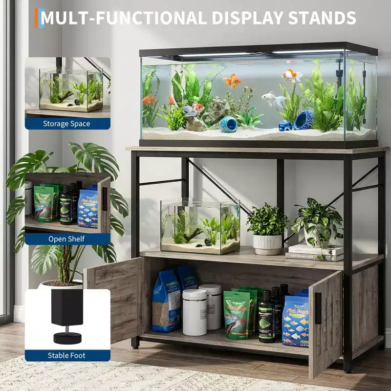 Meuble aquarium robuste pour bac de 40-50 gallons - Meuble de rangement en métal et bois, supporte 300 kg - Espace pour accessoires - Organisateur domestique élégant