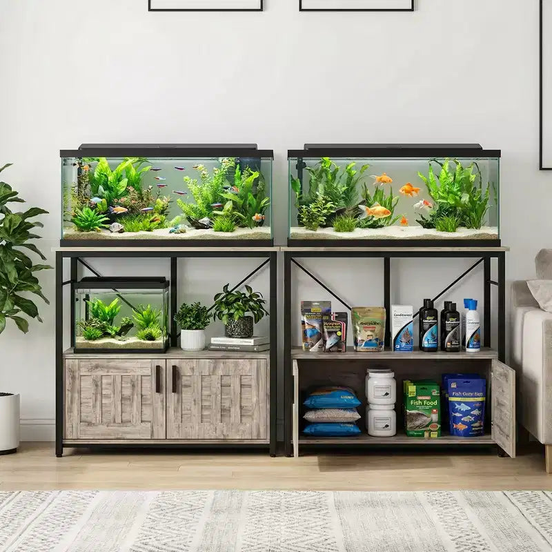Meuble aquarium robuste pour bac de 40-50 gallons - Meuble de rangement en métal et bois, supporte 300 kg - Espace pour accessoires - Organisateur domestique élégant