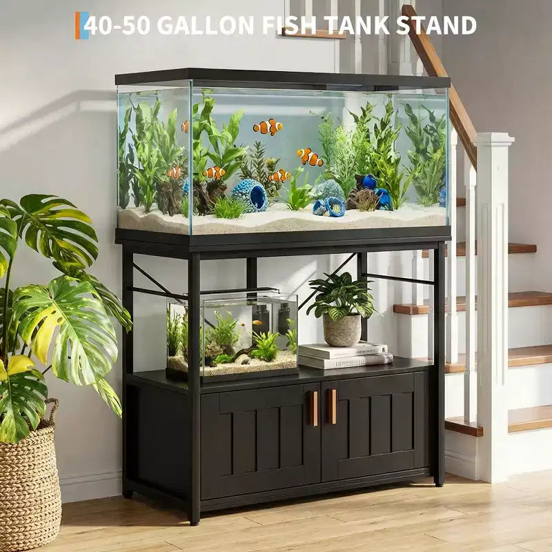 Meuble aquarium robuste pour bac de 40-50 gallons - Meuble de rangement en métal et bois, supporte 300 kg - Espace pour accessoires - Organisateur domestique élégant