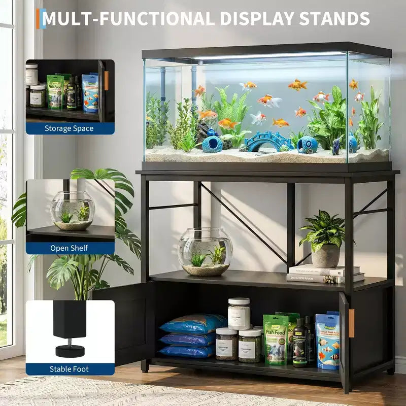 Meuble aquarium robuste pour bac de 40-50 gallons - Meuble de rangement en métal et bois, supporte 300 kg - Espace pour accessoires - Organisateur domestique élégant