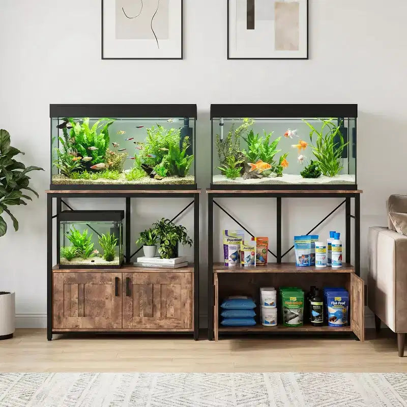 Meuble aquarium robuste pour bac de 40-50 gallons - Meuble de rangement en métal et bois, supporte 300 kg - Espace pour accessoires - Organisateur domestique élégant