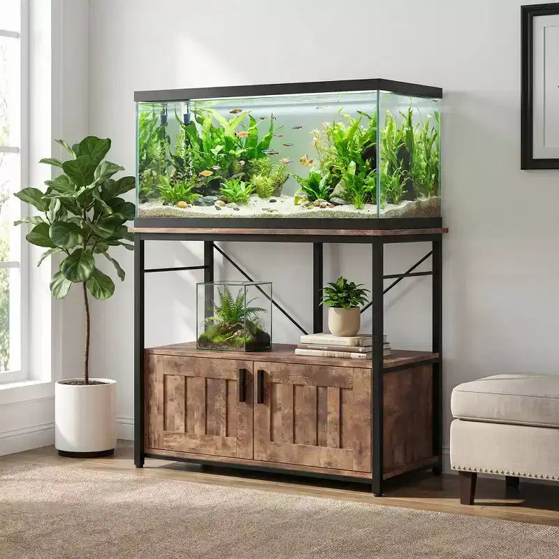 Meuble aquarium robuste pour bac de 40-50 gallons - Meuble de rangement en métal et bois, supporte 300 kg - Espace pour accessoires - Organisateur domestique élégant