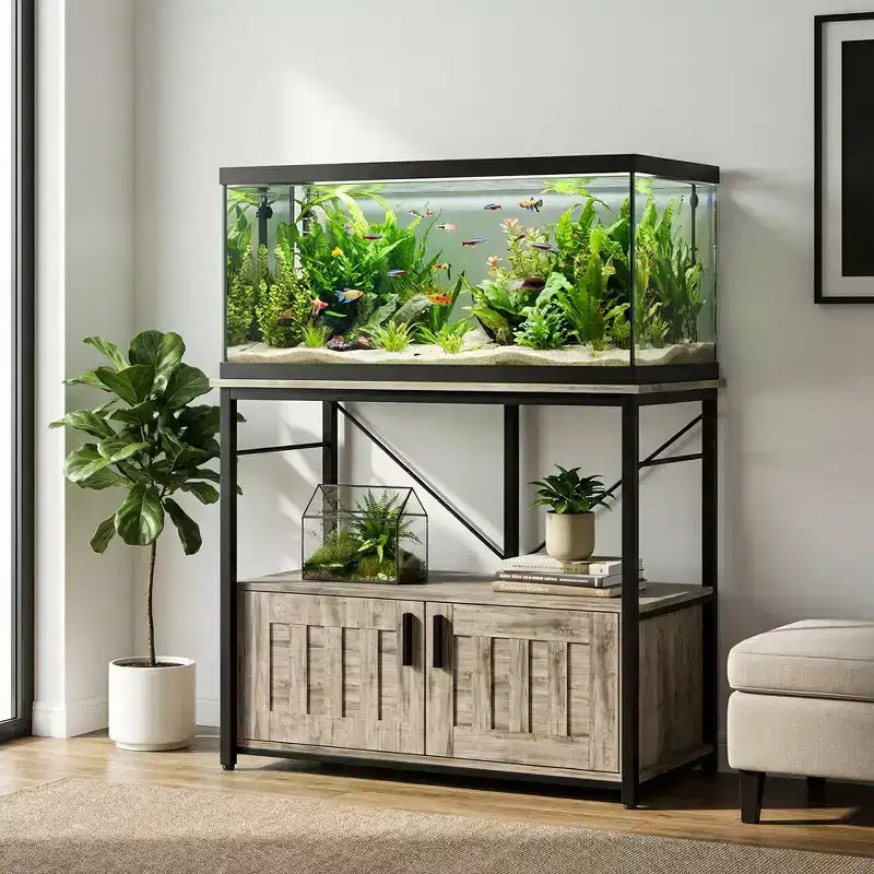 Meuble aquarium robuste pour bac de 40-50 gallons - Meuble de rangement en métal et bois, supporte 300 kg - Espace pour accessoires - Organisateur domestique élégant