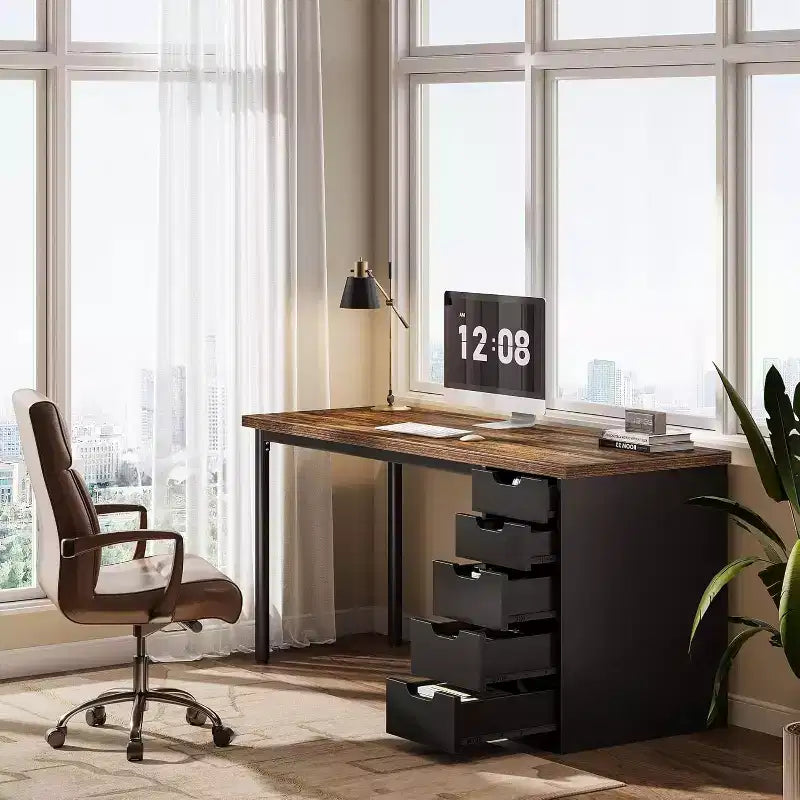 Bureau informatique moderne Lantine de 47 pouces, bureau pour PC avec 5 tiroirs réversibles, table d'étude pour petits espaces de bureau à domicile, marron et noir