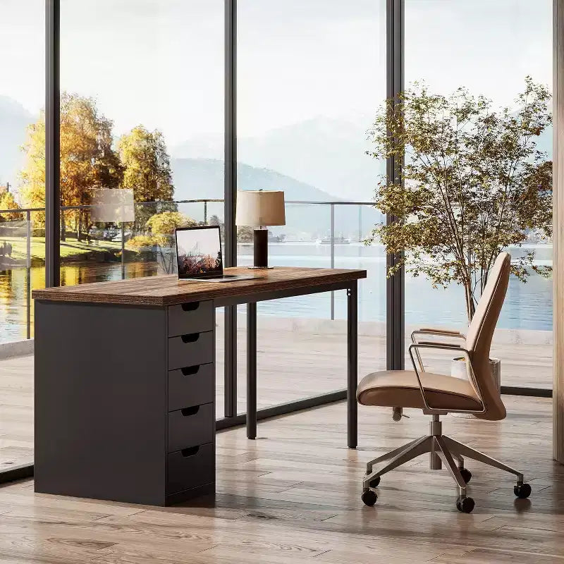 Bureau informatique moderne Lantine de 47 pouces, bureau pour PC avec 5 tiroirs réversibles, table d'étude pour petits espaces de bureau à domicile, marron et noir