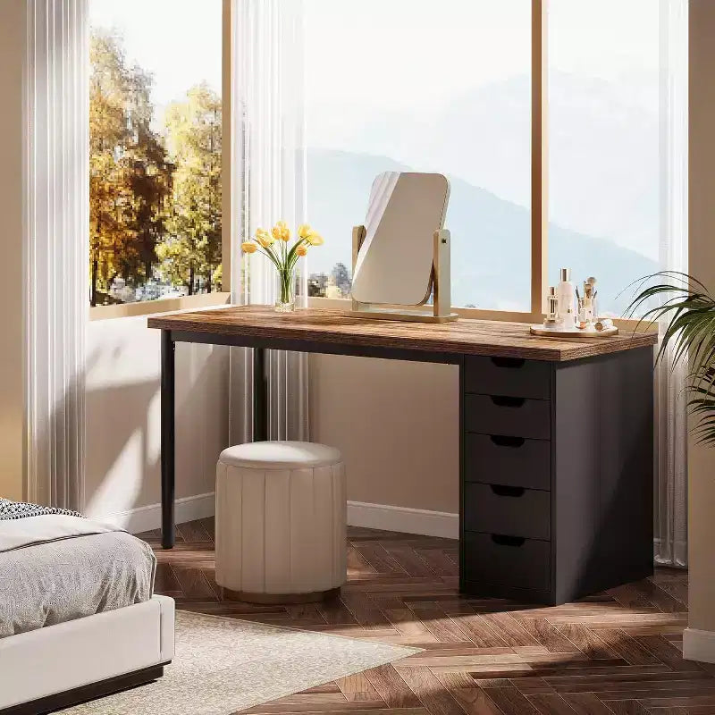 Bureau informatique moderne Lantine de 47 pouces, bureau pour PC avec 5 tiroirs réversibles, table d'étude pour petits espaces de bureau à domicile, marron et noir