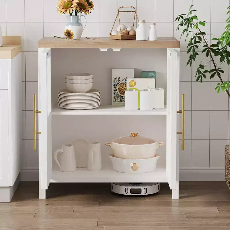 Buffet de ferme avec portes vitrées et étagères de rangement, console de 140 cm pour cuisine, salle à manger, salon, blanc et marron
