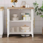 Buffet de ferme avec portes vitrées et étagères de rangement, console de 140 cm pour cuisine, salle à manger, salon, blanc et marron