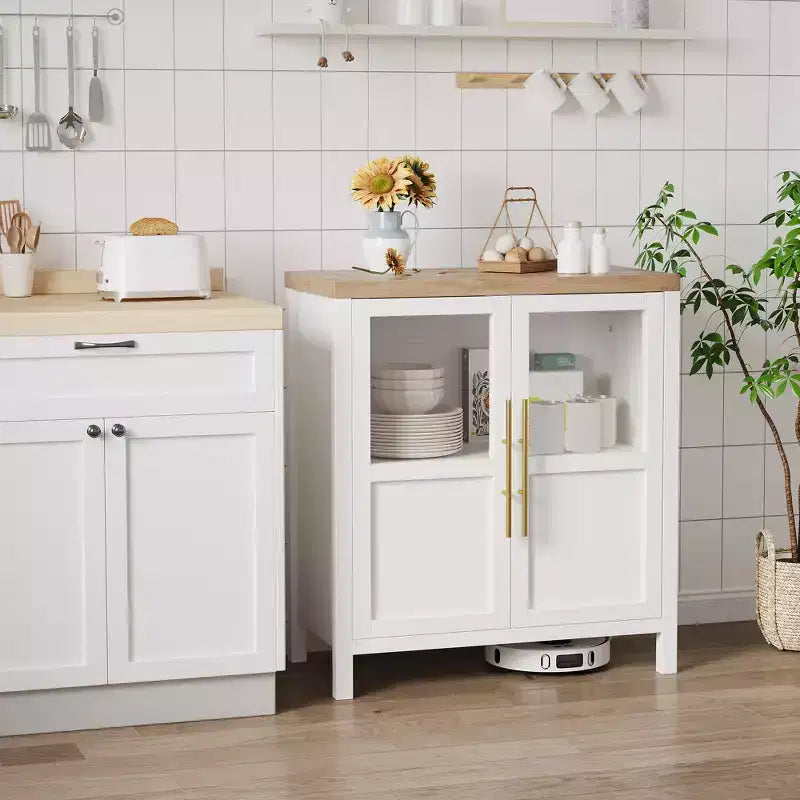Buffet de ferme avec portes vitrées et étagères de rangement, console de 140 cm pour cuisine, salle à manger, salon, blanc et marron