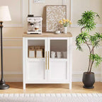 Buffet de ferme avec portes vitrées et étagères de rangement, console de 140 cm pour cuisine, salle à manger, salon, blanc et marron