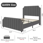 Cadre de lit Queen Size en Velours avec Tête de Lit et Pied de Lit de 127,5 cm de Haut. Lit Plateforme Rembourré avec Garniture à Clous, Lattes en Bois, Aucun Sommier Tapissier Requis