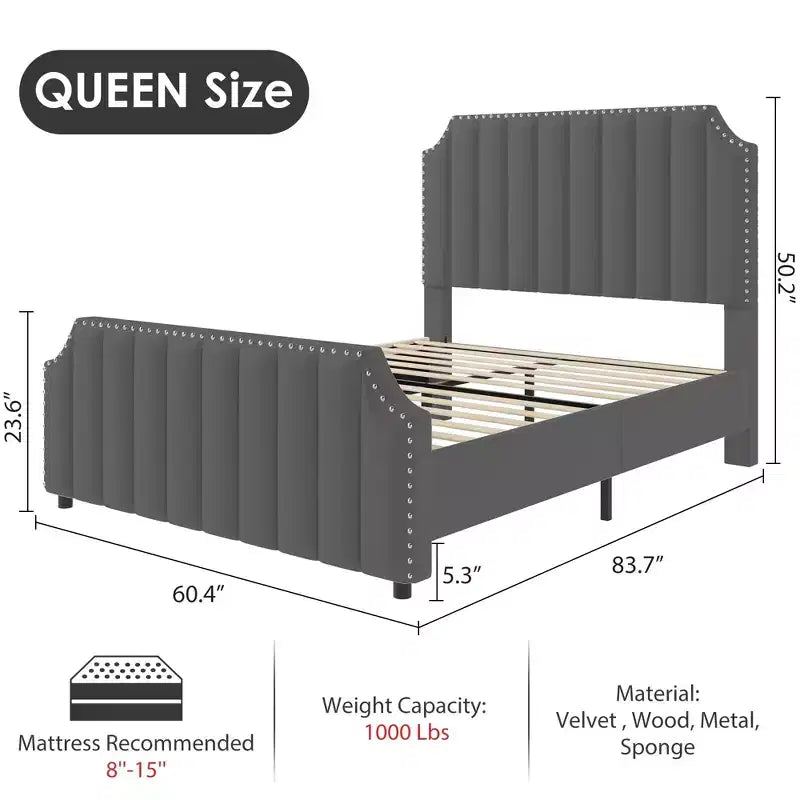 Cadre de lit Queen Size en Velours avec Tête de Lit et Pied de Lit de 127,5 cm de Haut. Lit Plateforme Rembourré avec Garniture à Clous, Lattes en Bois, Aucun Sommier Tapissier Requis
