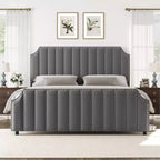 Cadre de lit Queen Size en Velours avec Tête de Lit et Pied de Lit de 127,5 cm de Haut. Lit Plateforme Rembourré avec Garniture à Clous, Lattes en Bois, Aucun Sommier Tapissier Requis