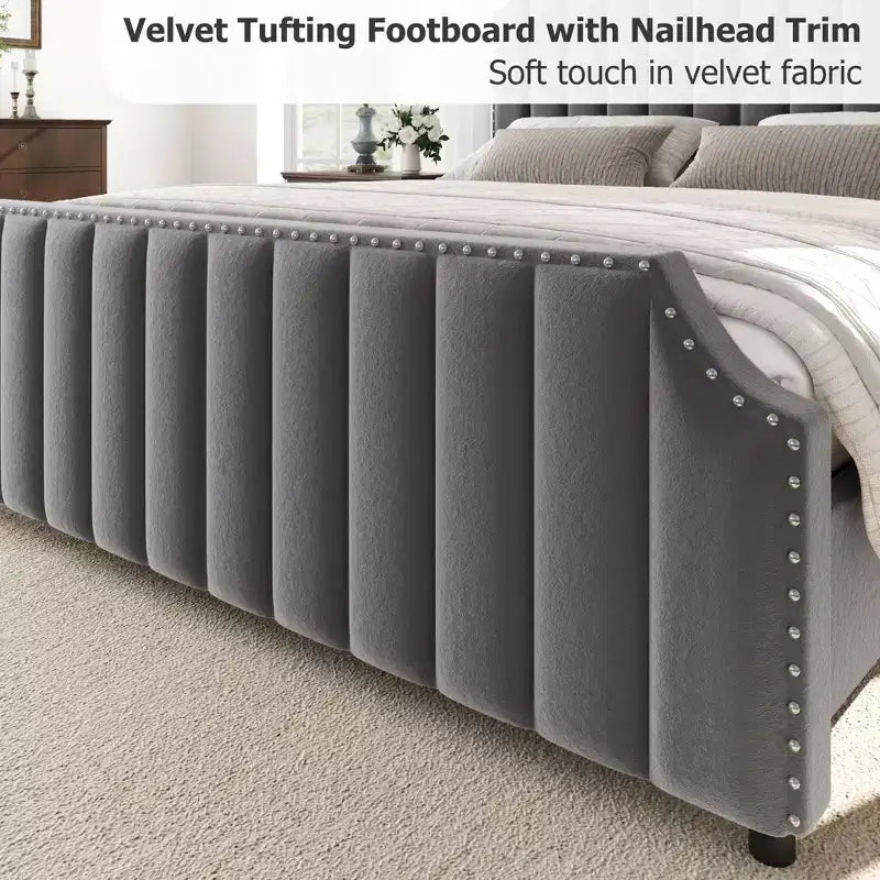 Cadre de lit Queen Size en Velours avec Tête de Lit et Pied de Lit de 127,5 cm de Haut. Lit Plateforme Rembourré avec Garniture à Clous, Lattes en Bois, Aucun Sommier Tapissier Requis