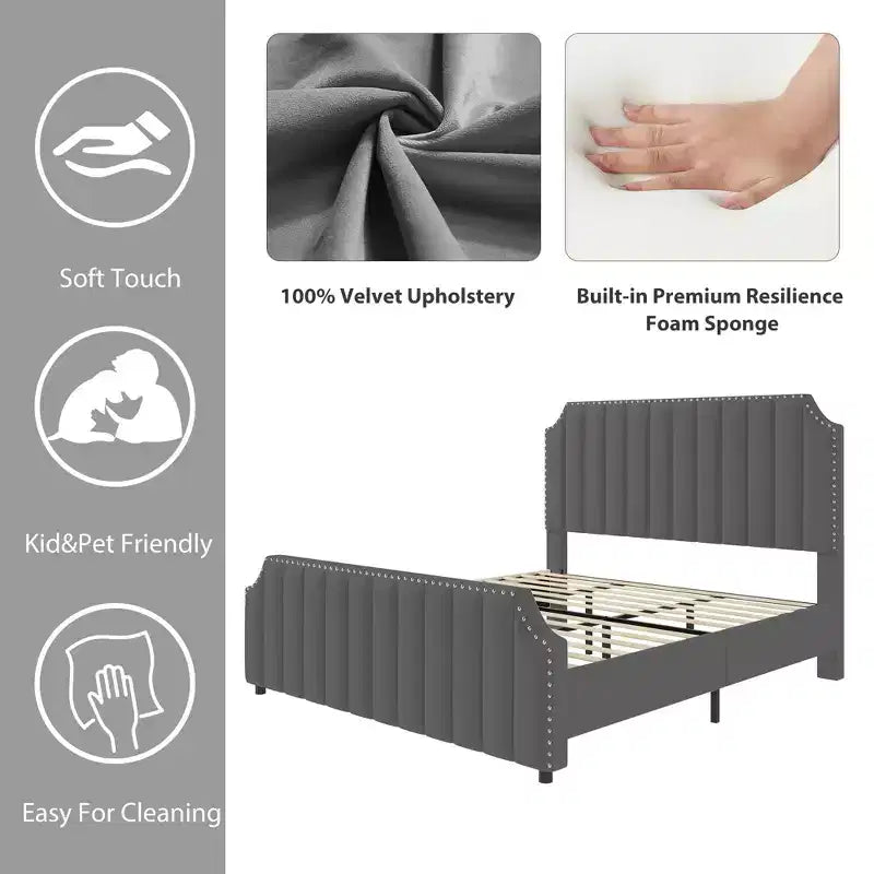 Cadre de lit Queen Size en Velours avec Tête de Lit et Pied de Lit de 127,5 cm de Haut. Lit Plateforme Rembourré avec Garniture à Clous, Lattes en Bois, Aucun Sommier Tapissier Requis