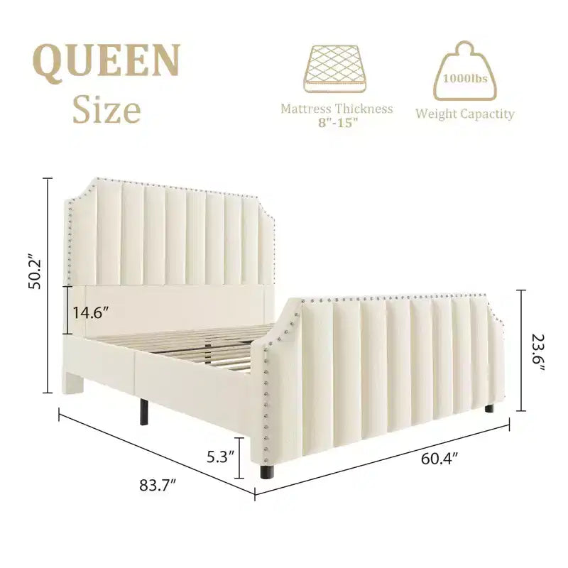Cadre de lit Queen Size en Velours avec Tête de Lit et Pied de Lit de 127,5 cm de Haut. Lit Plateforme Rembourré avec Garniture à Clous, Lattes en Bois, Aucun Sommier Tapissier Requis