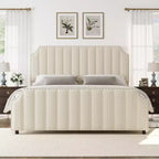 Cadre de lit Queen Size en Velours avec Tête de Lit et Pied de Lit de 127,5 cm de Haut. Lit Plateforme Rembourré avec Garniture à Clous, Lattes en Bois, Aucun Sommier Tapissier Requis