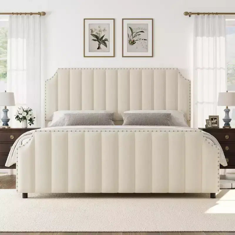 Cadre de lit Queen Size en Velours avec Tête de Lit et Pied de Lit de 127,5 cm de Haut. Lit Plateforme Rembourré avec Garniture à Clous, Lattes en Bois, Aucun Sommier Tapissier Requis