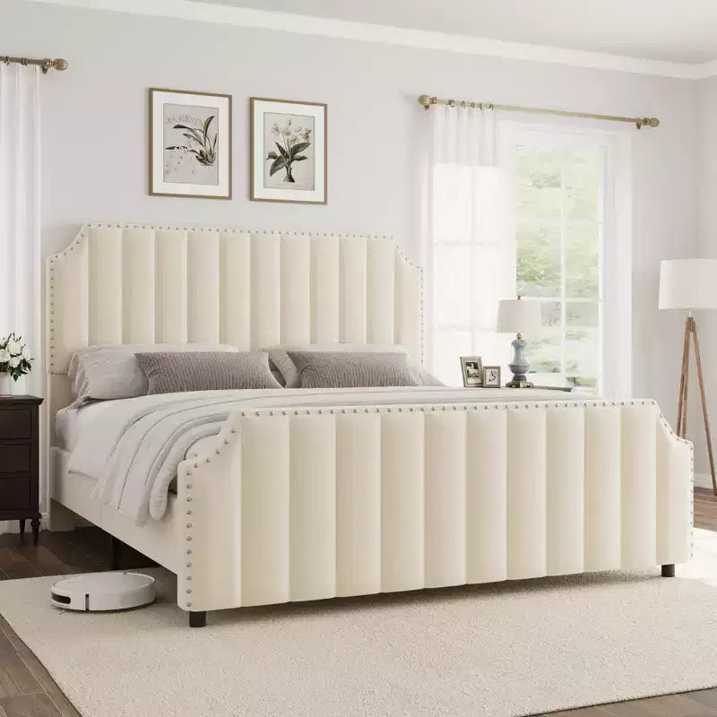 Cadre de lit Queen Size en Velours avec Tête de Lit et Pied de Lit de 127,5 cm de Haut. Lit Plateforme Rembourré avec Garniture à Clous, Lattes en Bois, Aucun Sommier Tapissier Requis