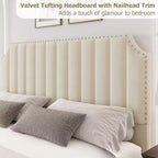 Cadre de lit Queen Size en Velours avec Tête de Lit et Pied de Lit de 127,5 cm de Haut. Lit Plateforme Rembourré avec Garniture à Clous, Lattes en Bois, Aucun Sommier Tapissier Requis