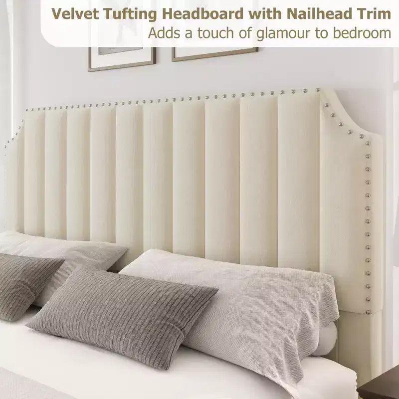 Cadre de lit Queen Size en Velours avec Tête de Lit et Pied de Lit de 127,5 cm de Haut. Lit Plateforme Rembourré avec Garniture à Clous, Lattes en Bois, Aucun Sommier Tapissier Requis