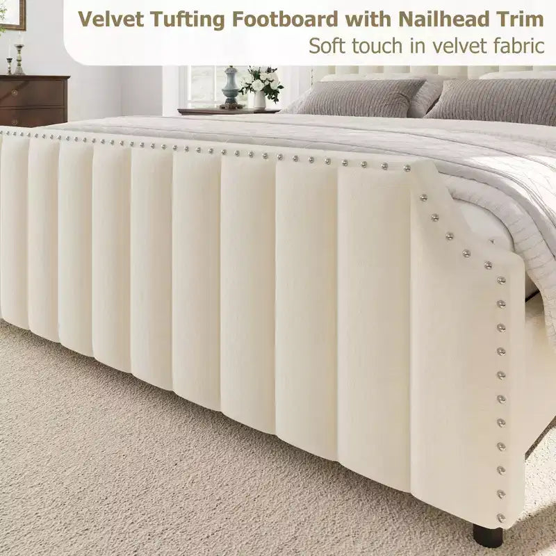 Cadre de lit Queen Size en Velours avec Tête de Lit et Pied de Lit de 127,5 cm de Haut. Lit Plateforme Rembourré avec Garniture à Clous, Lattes en Bois, Aucun Sommier Tapissier Requis