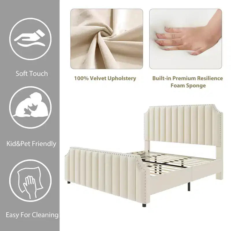 Cadre de lit Queen Size en Velours avec Tête de Lit et Pied de Lit de 127,5 cm de Haut. Lit Plateforme Rembourré avec Garniture à Clous, Lattes en Bois, Aucun Sommier Tapissier Requis