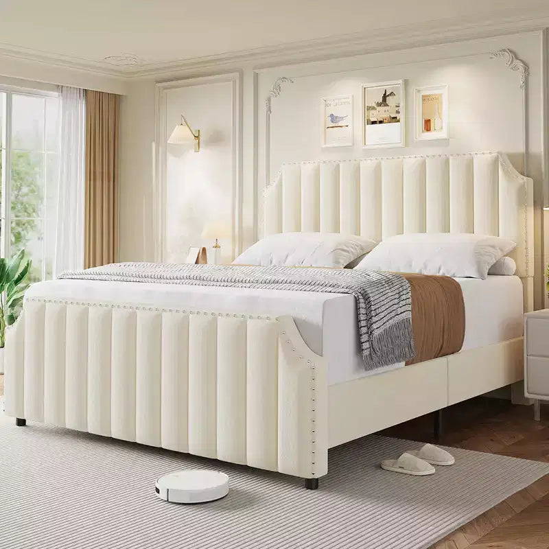 Queen Size Velvet Bed Frame with 50.2 Tall Headboard & Footboard.Upholstered Platform Bed with Nailhead Trim,Wood Slats,No Box Spring Needed