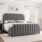 Cadre de lit Queen Size en Velours avec Tête de Lit et Pied de Lit de 127,5 cm de Haut. Lit Plateforme Rembourré avec Garniture à Clous, Lattes en Bois, Aucun Sommier Tapissier Requis