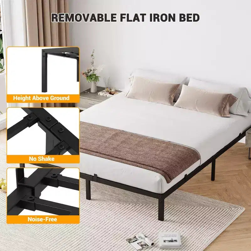 Cadre de lit sans sommier tapissier, plateforme de lit en métal robuste et surbaissée avec lattes métalliques solides pour le soutien du matelas, montage facile
