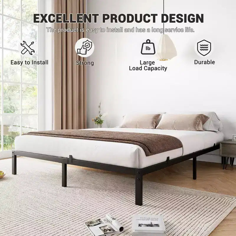 Cadre de lit sans sommier tapissier, plateforme de lit en métal robuste et surbaissée avec lattes métalliques solides pour le soutien du matelas, montage facile