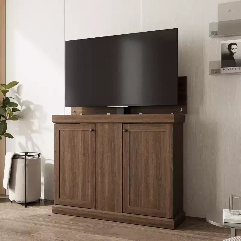 Meuble TV console de jeu Famapy avec élévateur caché, peut accueillir jusqu'à 50 écrans, rangement intégré, deux trous pour câbles, gain de place pour le jeu à domicile et le salon