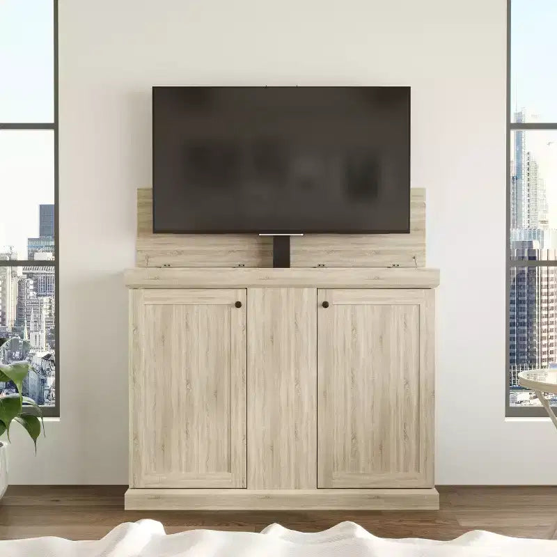 Meuble TV console de jeu Famapy avec élévateur caché, peut accueillir jusqu'à 50 écrans, rangement intégré, deux trous pour câbles, gain de place pour le jeu à domicile et le salon