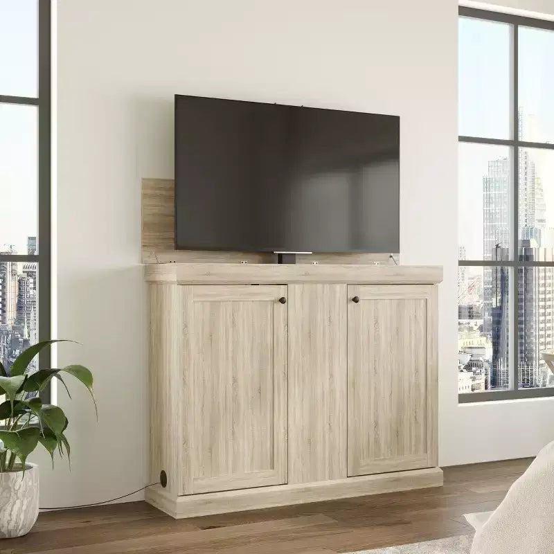 Meuble TV console de jeu Famapy avec élévateur caché, peut accueillir jusqu'à 50 écrans, rangement intégré, deux trous pour câbles, gain de place pour le jeu à domicile et le salon