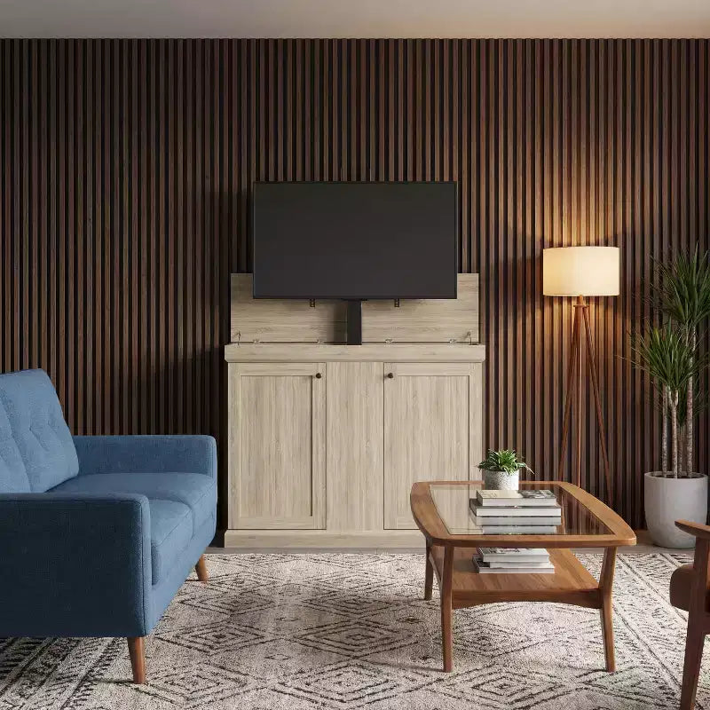 Meuble TV console de jeu Famapy avec élévateur caché, peut accueillir jusqu'à 50 écrans, rangement intégré, deux trous pour câbles, gain de place pour le jeu à domicile et le salon