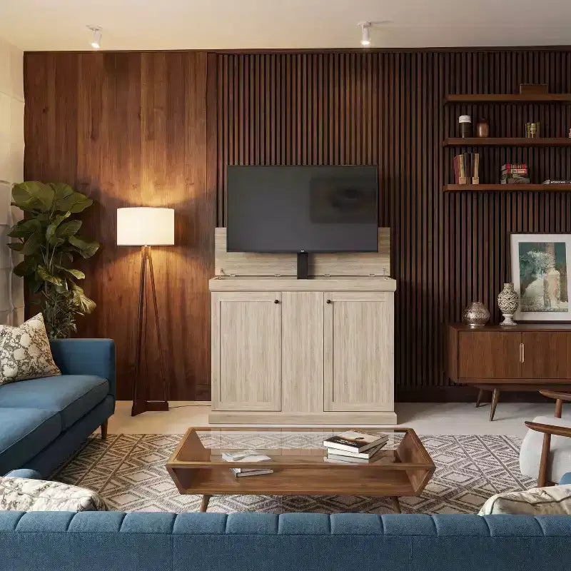 Meuble TV console de jeu Famapy avec élévateur caché, peut accueillir jusqu'à 50 écrans, rangement intégré, deux trous pour câbles, gain de place pour le jeu à domicile et le salon