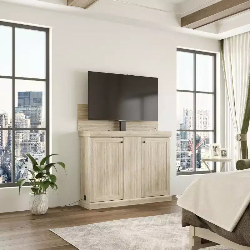 Meuble TV console de jeu Famapy avec élévateur caché, peut accueillir jusqu'à 50 écrans, rangement intégré, deux trous pour câbles, gain de place pour le jeu à domicile et le salon