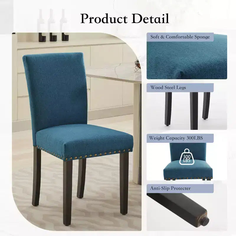 Lot de 2 chaises de salle à manger modernes, chaises de cuisine à dossier haut rembourrées avec pieds en bois robustes, chaises d'appoint en tissu de lin pour salle à manger et maison