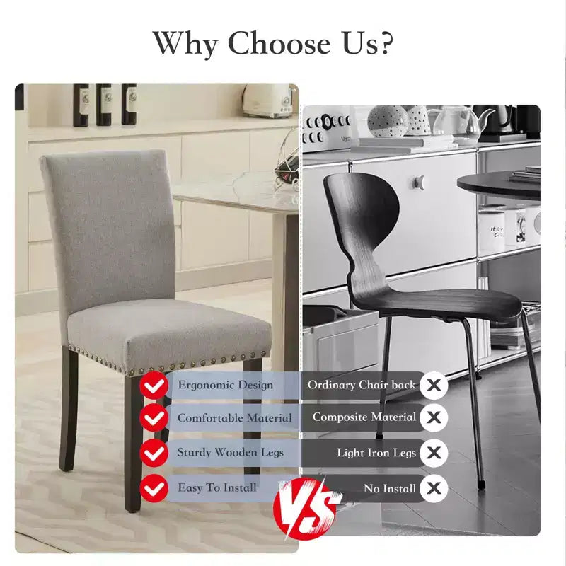 Lot de 2 chaises de salle à manger modernes, chaises de cuisine à dossier haut rembourrées avec pieds en bois robustes, chaises d'appoint en tissu de lin pour salle à manger et maison