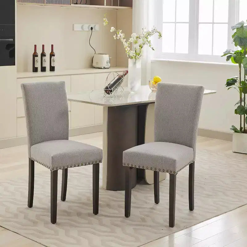 Lot de 2 chaises de salle à manger modernes, chaises de cuisine à dossier haut rembourrées avec pieds en bois robustes, chaises d'appoint en tissu de lin pour salle à manger et maison