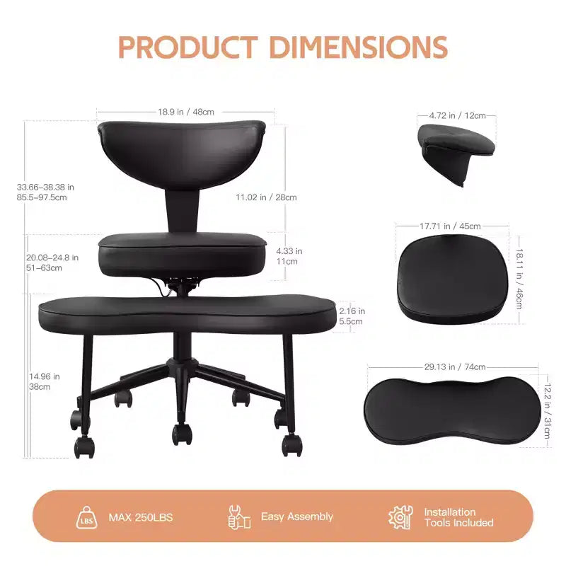 Chaise de bureau ergonomique pour s'asseoir en tailleur avec support lombaire, chaise de méditation pivotante à 360° avec roulettes