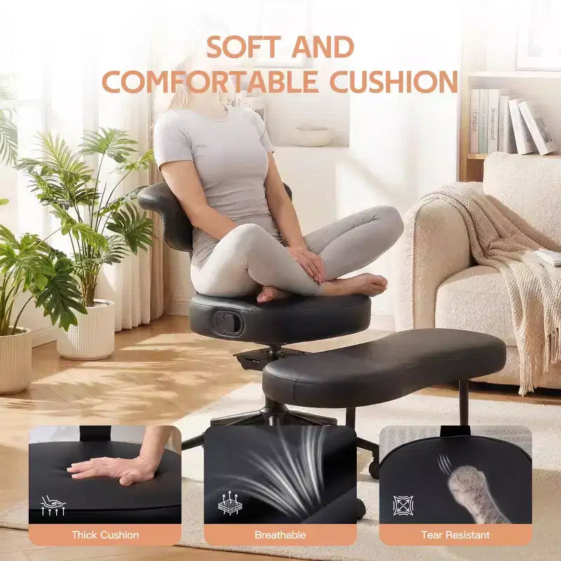 Chaise de bureau ergonomique pour s'asseoir en tailleur avec support lombaire, chaise de méditation pivotante à 360° avec roulettes