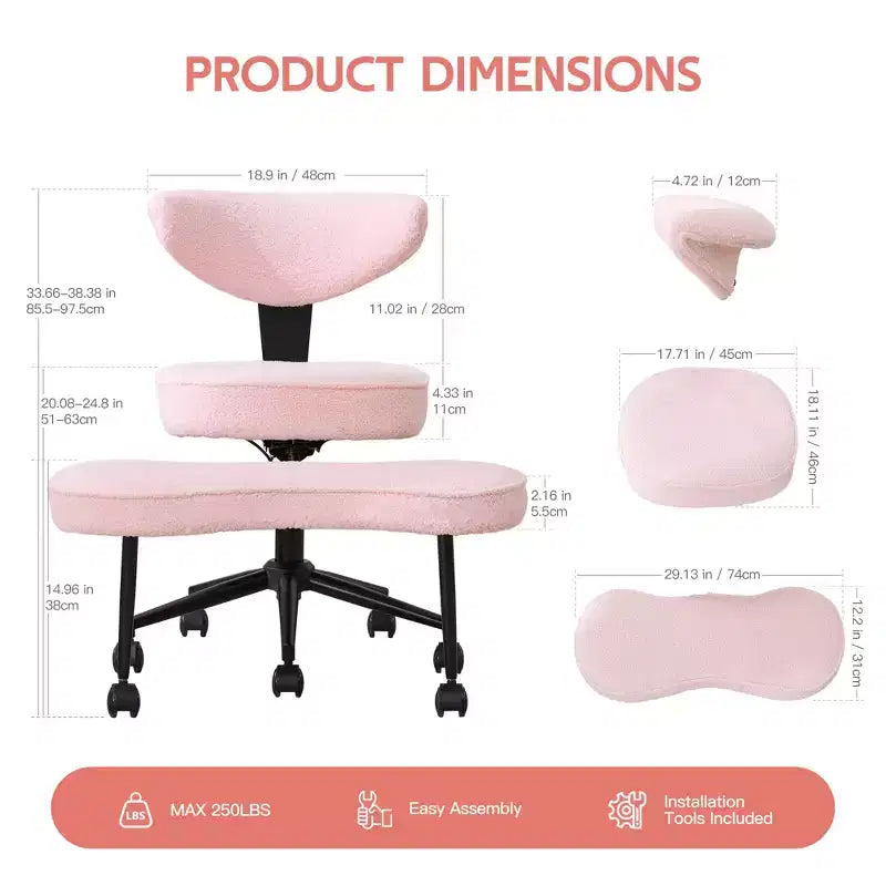 Chaise de bureau ergonomique pour s'asseoir en tailleur avec support lombaire, chaise de méditation pivotante à 360° avec roulettes