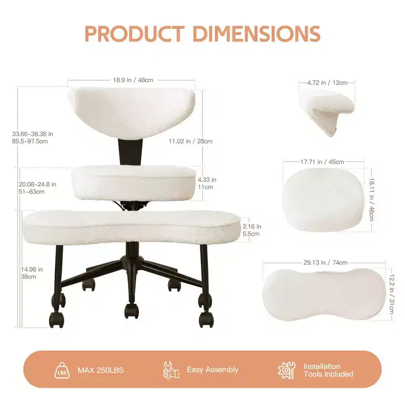 Chaise de bureau ergonomique pour s'asseoir en tailleur avec support lombaire, chaise de méditation pivotante à 360° avec roulettes